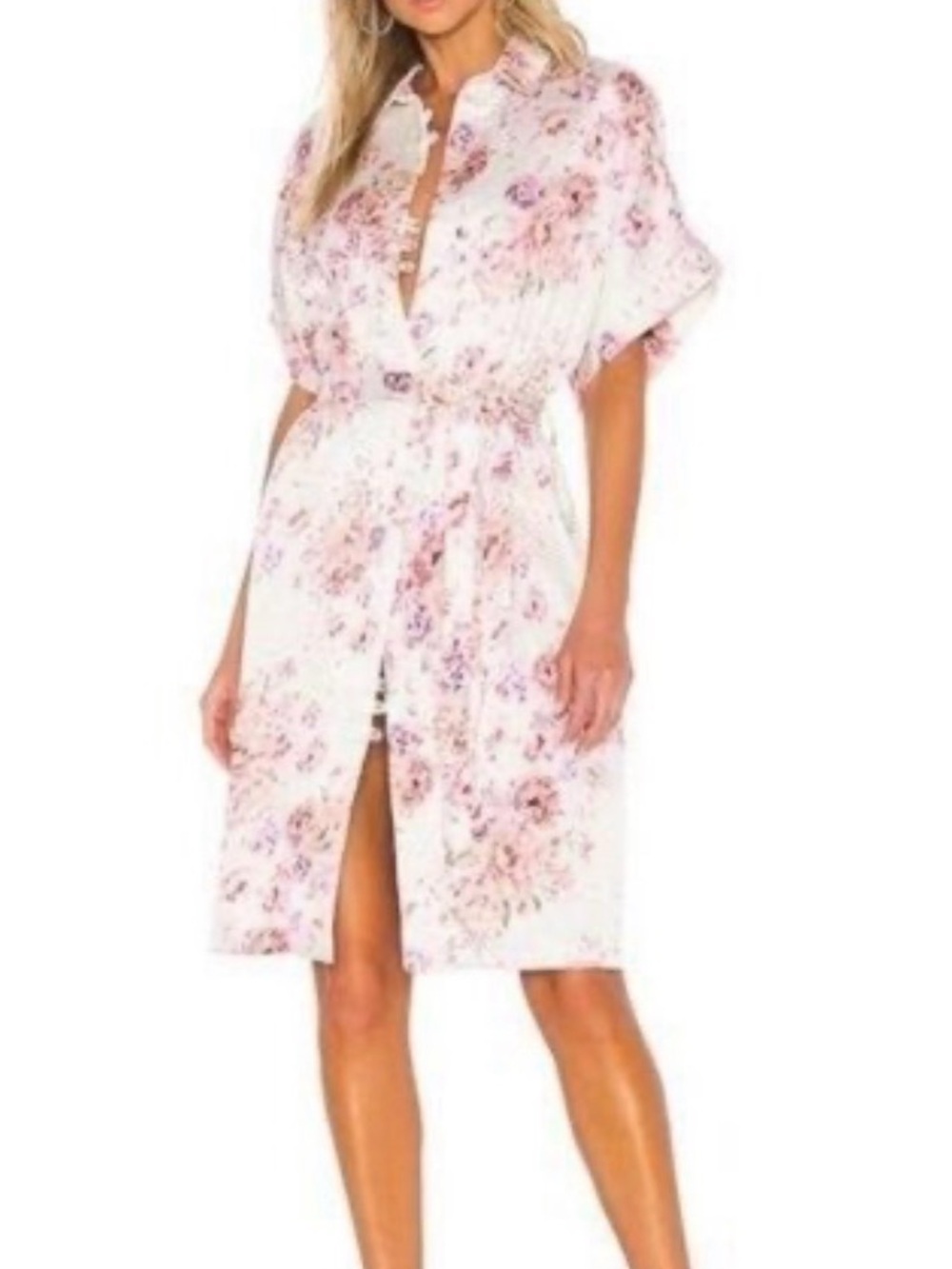 Knee-Length Floral Button-Up Robe with Self-Tie Waist - White & Pink